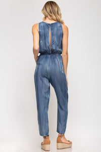 SLEEVELESS WASHED CHAMBRAY JUMPSUIT WITH POCKETS