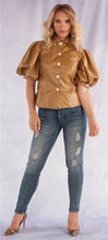 Load image into Gallery viewer, Faux Leather Puff Sleeve Button-up Top