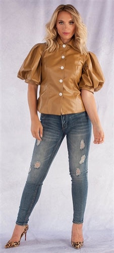 Faux Leather Puff Sleeve Button-up Top