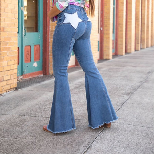 MID WASH DISTRESSED FLARE WITH SILVER STAR BACL POCKETS PATCH