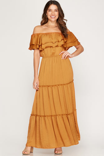 FLOUNCE OFF THE SHOULDER TIERED CRINKLED SATIN MAXI DRESS