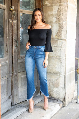 Mid-Wash High-Rise Frayed Relaxed Fit Denim Jeans
