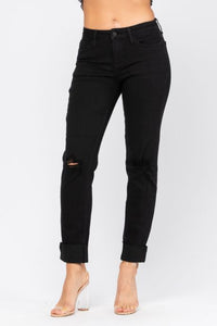 BLACK MID-RISE DESTROYED SLIM FIT
