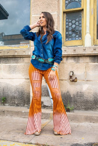 Orange Striped High Waisted Bell Bottom Jean