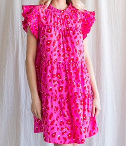 Leopard Print Dress with a Frill Mock Neckline