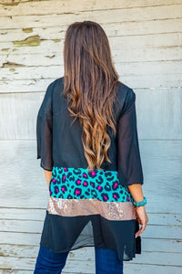 BLACK BLOCKED LEOPARD TURQUOISE PINK LEOPARD/ROSE GOLD SEQUIN KIMONO