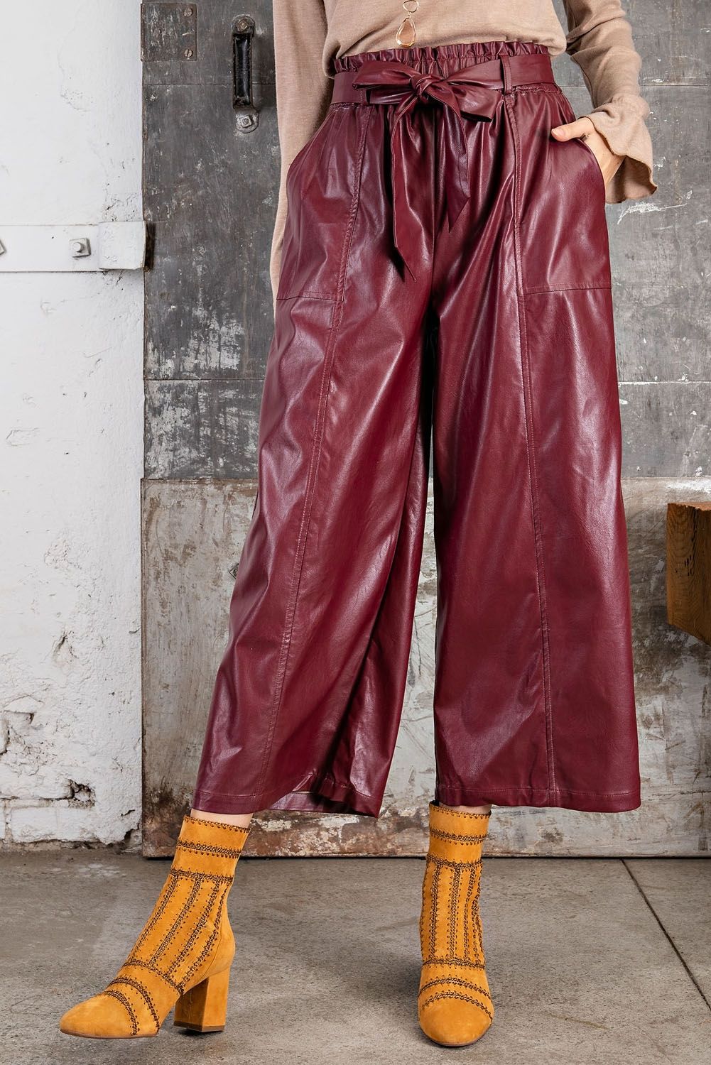 DEEP PLUM FAUX LEATHER WIDE LEG PANTS