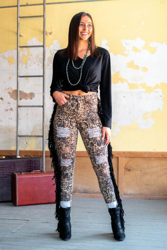 LEOPARD HIGH RISE DISTRESSED SKINNY FRINGE JEANS