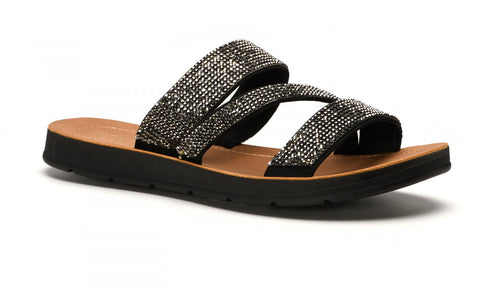 Black Flat Sandals with Elastic Rhinestone Straps