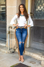 Load image into Gallery viewer, HIGH RISE DARK-WASH SKINNY DENIM W/ CAMEL SUEDE FRINGE