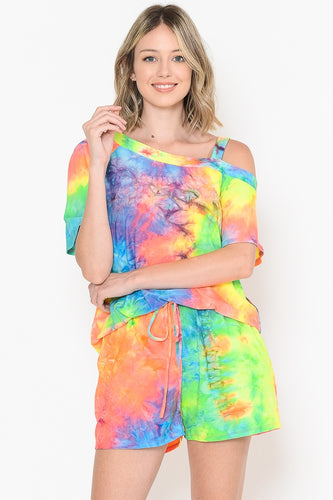 TIE DYE PRINT ONE SHOULDER TOP & SHORTS SET