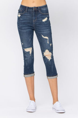 HIGH RISE CUFFED DISTRESSED CAPRI