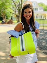 Load image into Gallery viewer, Neon Yellow and Grey Stripe Tote