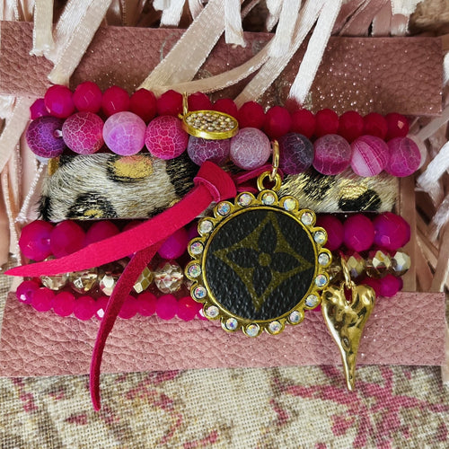 Upcycle Designer Fuchsia Bracelet w/Leopard & heart charm