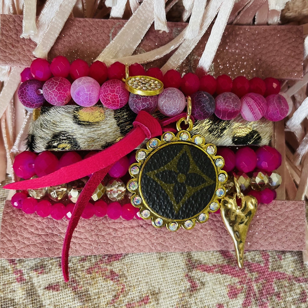 Upcycle Designer Fuchsia Bracelet w/Leopard & heart charm