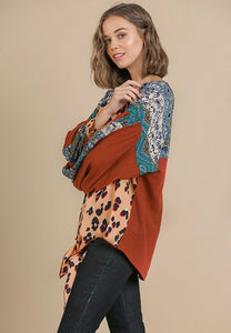 Animal and Scarf Mixed Print Long Waffle Knit Puff Sleeve Round Neck Top