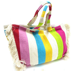 Large Striped Multi Colored Canvas Tote with Side Fringe