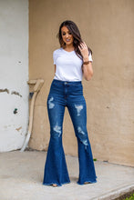 Load image into Gallery viewer, DARK WASH DISTRESSED EXTREME HEAVY WEIGHT FLARE JEANS