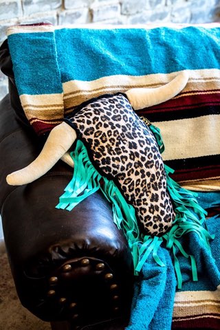 Vintage Leopard Cow Skull Pillow with Jade