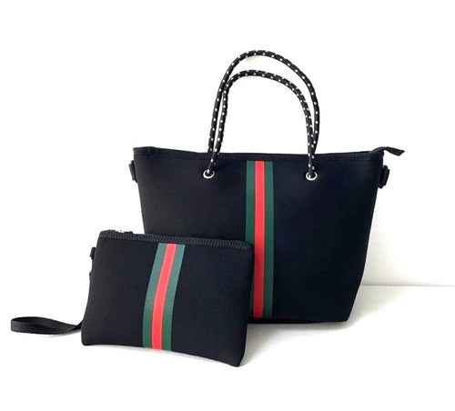 Black Striped Mini Tote Neoprene Bag Set