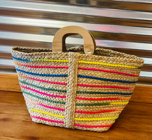 MULTI COLORED STRIPED STRAW BAG