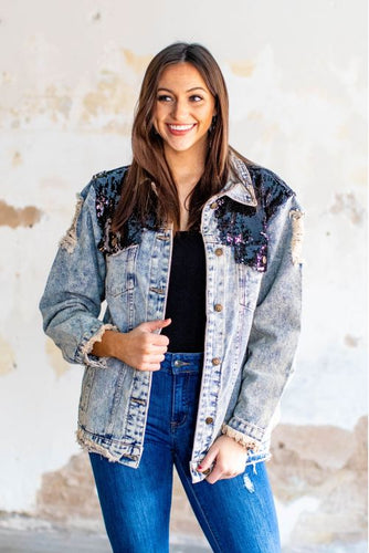 DISTRESSED DENIM JACKET WITH BLACK SEQUIN DETAIL