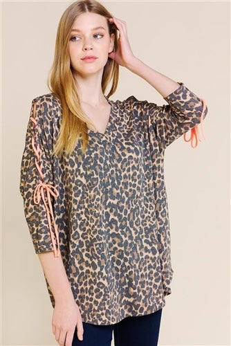 Leopard Print Cold Shoulder Top w/ Coral Lace Tie