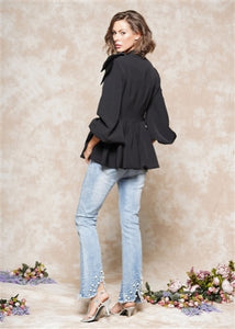 Bow Neck Puff Sleeve Peplum Top