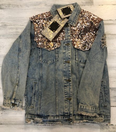 Rose Gold Distressed Denim Jacket