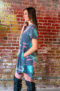 BLACK GREEN PINK TIE DYE FLUTTER DRESS WITH POCKETS