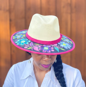 PINK TRIM AND FLORAL HAND EMBROIDERY HAT