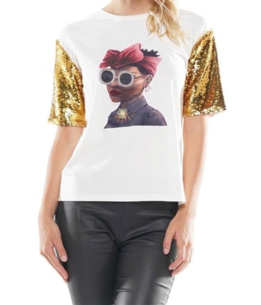 GOLD SEQUIN SLEEVE PATCH TOP