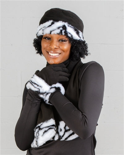 Faux Fur Trim Fleece Scarf, Hat, & Gloves 3pc Set