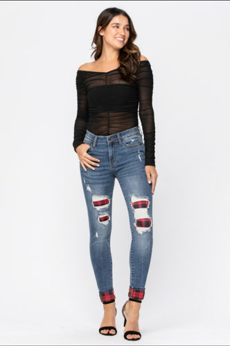 PLAID PATCH WITH CUFF DESTROYED JEANS