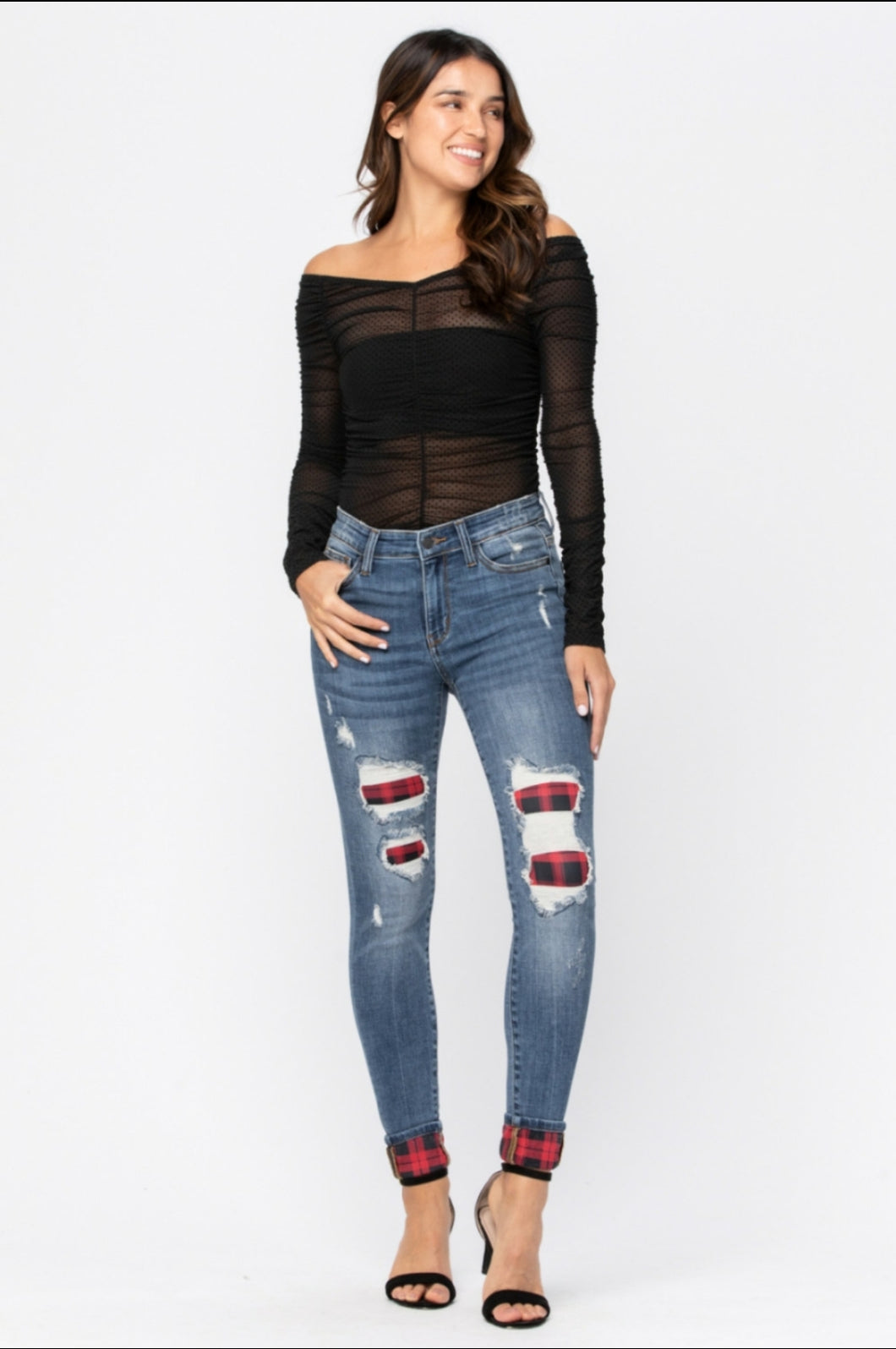PLAID PATCH WITH CUFF DESTROYED JEANS