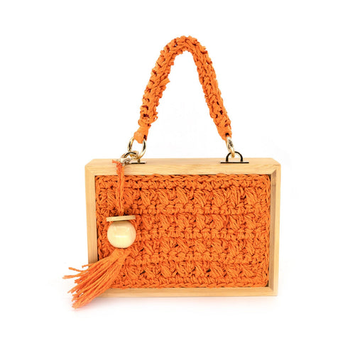 Straw and wood Bag with Chain