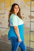 Load image into Gallery viewer, YELLOW AND BLUE TIE DYE WITH IRIDESCENT SEQUIN AND SOLID JADE BASIC COLOR BLOCK TOP