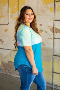 YELLOW AND BLUE TIE DYE WITH IRIDESCENT SEQUIN AND SOLID JADE BASIC COLOR BLOCK TOP