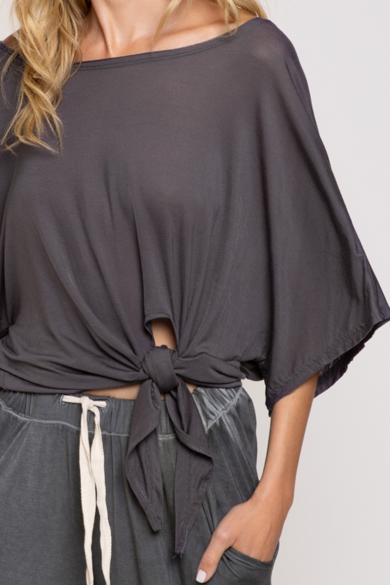 Charcoal Knot it Upside Knit Top