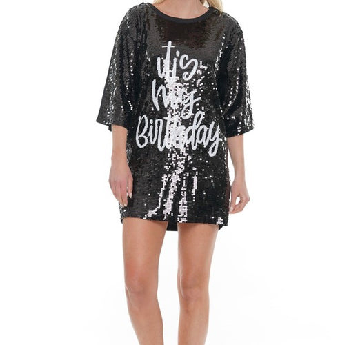 BLACK SEQUIN IT'S MY BIRTHDAY DRESS