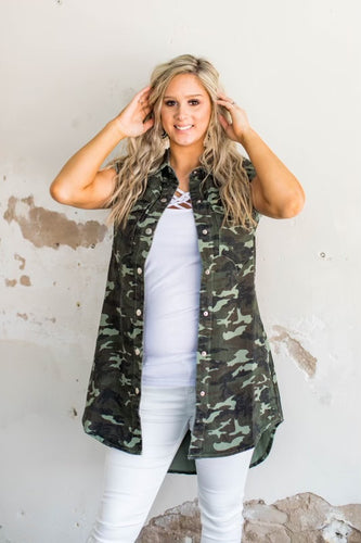 Camo Denim Button Down Tunic