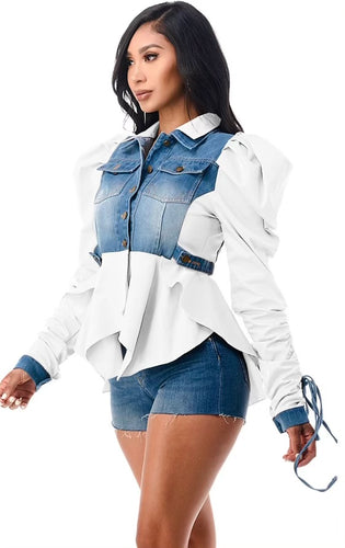 Double Collar Adjustable Tie Puff White Long Sleeve Ruffle Jacket