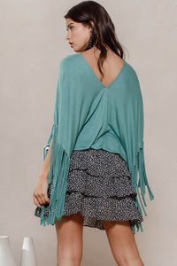 Solid Print Short Sleeves Fringe Poncho