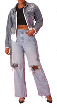 Load image into Gallery viewer, Belted Crop Denim Jacket With Paint and white Shirt Trim