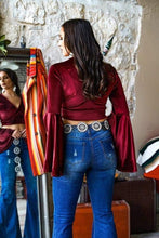 Load image into Gallery viewer, Burgundy Velvet Crop Bell Sleeve Top