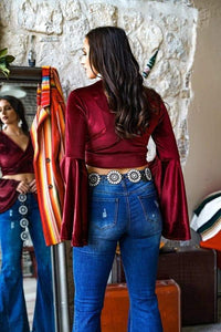 Burgundy Velvet Crop Bell Sleeve Top