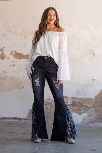 Black Wash Flare Jeans With Fringe and Rips