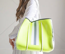 Load image into Gallery viewer, Neon Yellow and Grey Stripe Tote