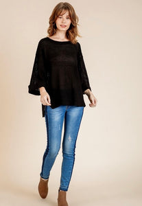 High Low Side Slit Waffle Knit Rolled Sleeve Top