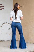 Load image into Gallery viewer, DARK WASH DISTRESSED EXTREME HEAVY WEIGHT FLARE JEANS